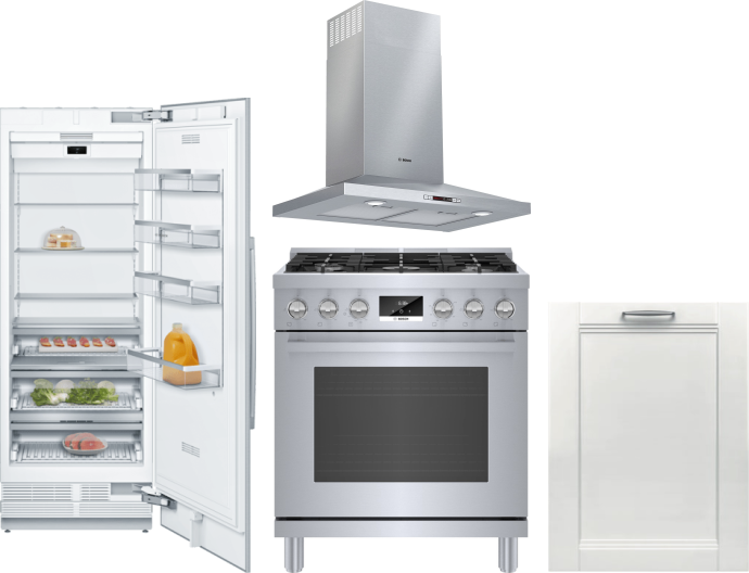 Bosch 4 Piece Kitchen Appliances Package with Column Refrigerator, Gas Range and Dishwasher in Panel Ready BORERADWMW9130