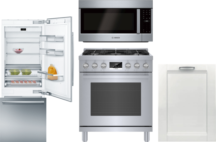 Bosch 4 Piece Kitchen Appliances Package with Bottom Freezer Refrigerator, Gas Range, Dishwasher and Over the Range Microwave in Stainless Steel BORER