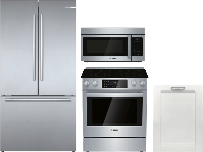 Bosch 4 Piece Kitchen Appliances Package with French Door Refrigerator, Electric Range, Dishwasher and Over the Range Microwave in Stainless Steel BOR