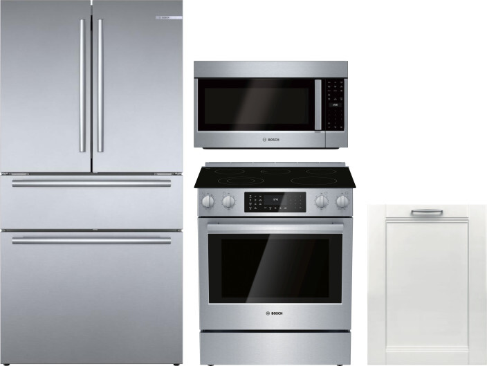 Bosch 4 Piece Kitchen Appliances Package with French Door Refrigerator, Electric Range, Dishwasher and Over the Range Microwave in Stainless Steel BOR