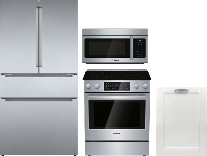 Bosch 4 Piece Kitchen Appliances Package with French Door Refrigerator, Electric Range, Dishwasher and Over the Range Microwave in Stainless Steel BOR