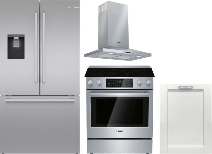 Bosch 4 Piece Kitchen Appliances Package with French Door Refrigerator, Electric Range and Dishwasher in Stainless Steel BORERADWMW9135