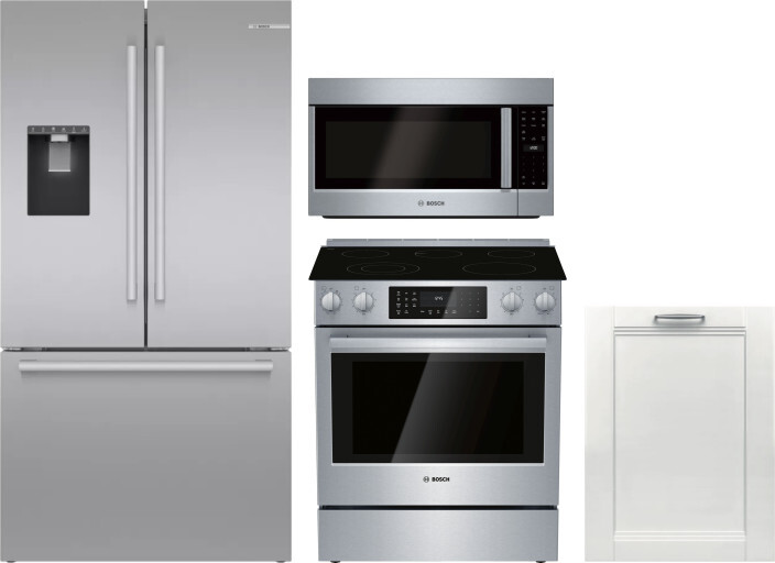 Bosch 4 Piece Kitchen Appliances Package with French Door Refrigerator, Electric Range, Dishwasher and Over the Range Microwave in Stainless Steel BOR
