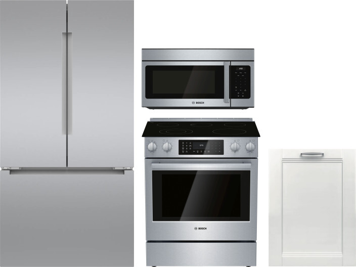 Bosch 4 Piece Kitchen Appliances Package with French Door Refrigerator, Electric Range, Dishwasher and Over the Range Microwave in Stainless Steel BOR