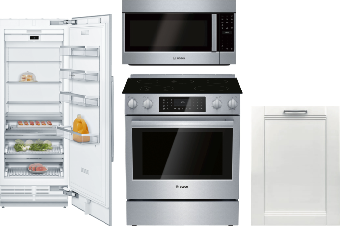 Bosch 4 Piece Kitchen Appliances Package with Column Refrigerator, Electric Range, Dishwasher and Over the Range Microwave in Panel Ready BORERADWMW91
