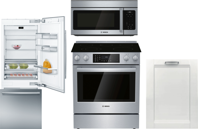 Bosch 4 Piece Kitchen Appliances Package with Bottom Freezer Refrigerator, Electric Range, Dishwasher and Over the Range Microwave in Stainless Steel 