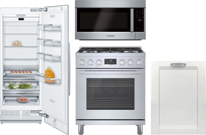 Bosch 4 Piece Kitchen Appliances Package with Column Refrigerator, Dual Fuel Range, Dishwasher and Over the Range Microwave in Panel Ready BORERADWMW9