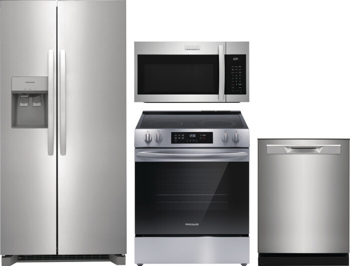 Frigidaire 4 Piece Kitchen Appliances Package with Side-by-Side Refrigerator, Electric Range, Dishwasher and Over the Range Microwave in Stainless Ste