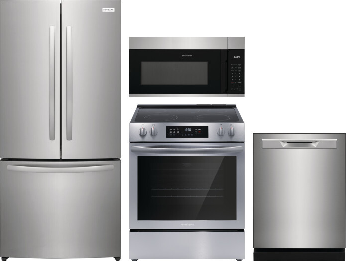 Frigidaire 4 Piece Kitchen Appliances Package with French Door Refrigerator, Electric Range, Dishwasher and Over the Range Microwave in Stainless Stee