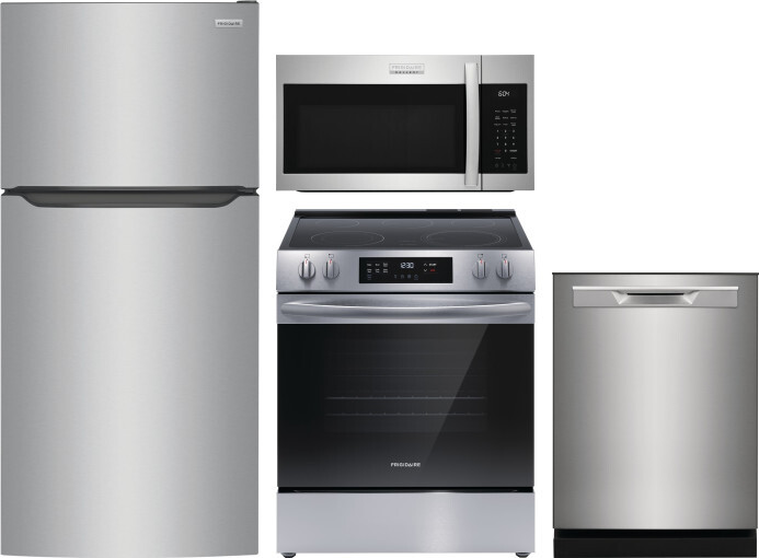 Frigidaire 4 Piece Kitchen Appliances Package with Top Freezer Refrigerator, Electric Range, Dishwasher and Over the Range Microwave in Stainless Stee