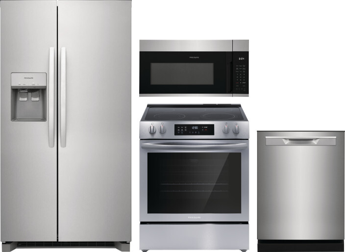 Frigidaire 4 Piece Kitchen Appliances Package with Side-by-Side Refrigerator, Electric Range, Dishwasher and Over the Range Microwave in Stainless Ste