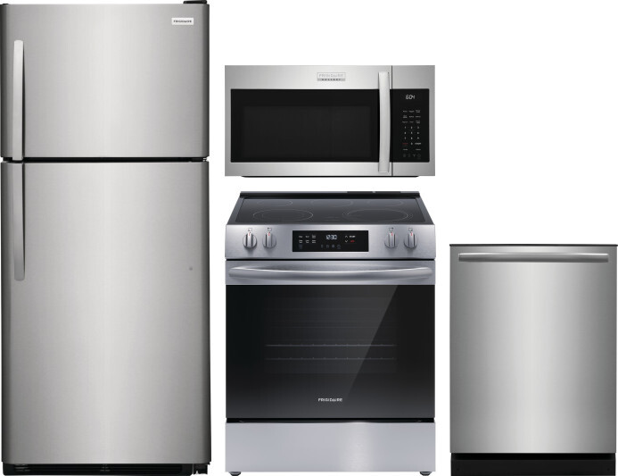 Frigidaire 4 Piece Kitchen Appliances Package with Top Freezer Refrigerator, Electric Range, Dishwasher and Over the Range Microwave in Stainless Stee -  FRTD2021AS