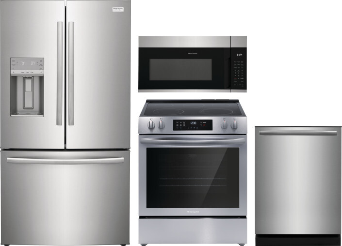 Frigidaire 4 Piece Kitchen Appliances Package with French Door Refrigerator, Electric Range, Dishwasher and Over the Range Microwave in Stainless Stee
