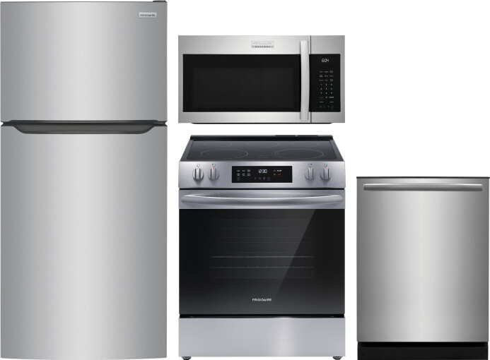 Frigidaire 4 Piece Kitchen Appliances Package with Top Freezer Refrigerator, Electric Range, Dishwasher and Over the Range Microwave in Stainless Stee
