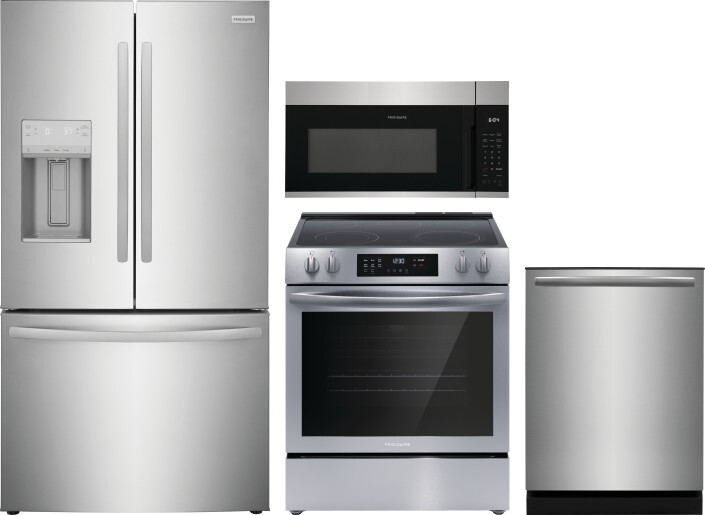 Frigidaire 4 Piece Kitchen Appliances Package with French Door Refrigerator, Electric Range, Dishwasher and Over the Range Microwave in Stainless Stee