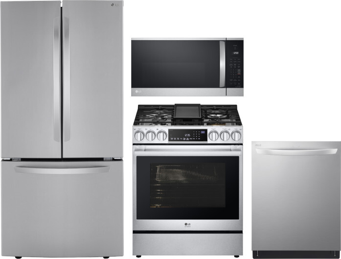 LG 4 Piece Kitchen Appliances Package with French Door Refrigerator, Dual Fuel Range, Dishwasher and Over the Range Microwave in Stainless Steel LGRER -  LRFCS25D3S