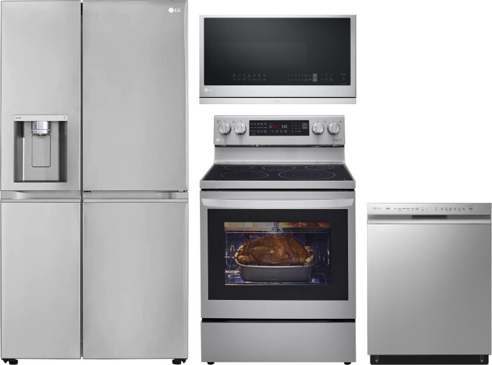 LG 4 Piece Kitchen Appliances Package with Side-by-Side Refrigerator, Electric Range, Dishwasher and Over the Range Microwave in Stainless Steel LGRER