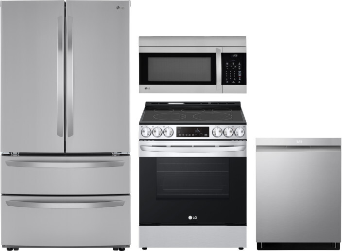LG 4 Piece Kitchen Appliances Package with French Door Refrigerator, Electric Range, Dishwasher and Over the Range Microwave in Stainless Steel LGRERA