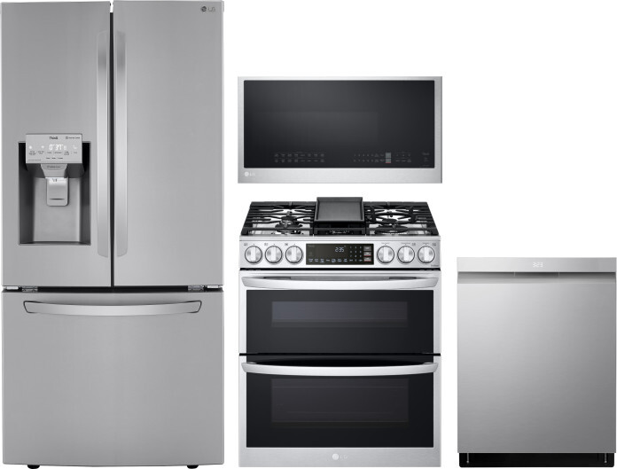 LG 4 Piece Kitchen Appliances Package with French Door Refrigerator, Gas Range, Dishwasher and Over the Range Microwave in Stainless Steel LGRERADWMW1