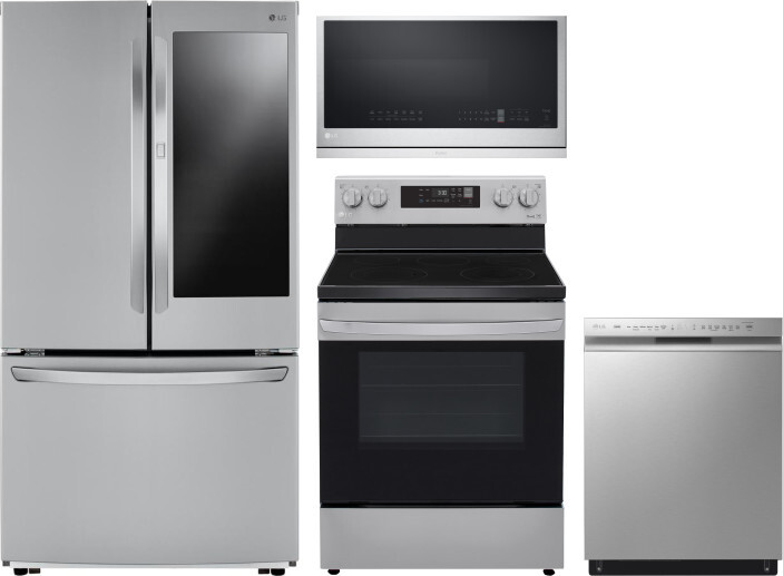 LG 4 Piece Kitchen Appliances Package with French Door Refrigerator, Electric Range, Dishwasher and Over the Range Microwave in Stainless Steel LGRERA