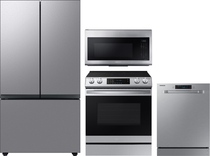 Samsung 4 Piece Kitchen Appliances Package with French Door Refrigerator, Electric Range, Dishwasher and Over the Range Microwave in Stainless Steel S