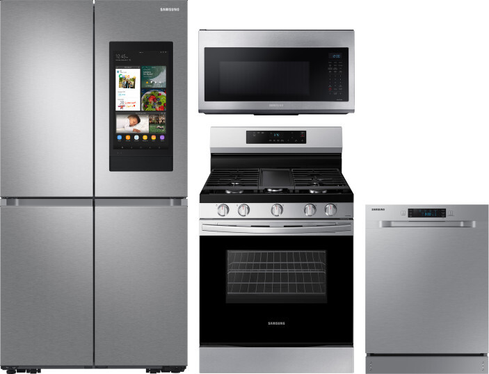 Samsung 4 Piece Kitchen Appliances Package with French Door Refrigerator, Gas Range, Dishwasher and Over the Range Microwave in Stainless Steel SARERA