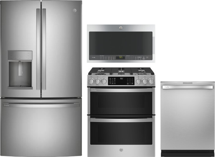 GE Profile 4 Piece Kitchen Appliances Package with French Door Refrigerator, Gas Range, Dishwasher and Over the Range Microwave in Stainless Steel GER -  PFD28KYNFS