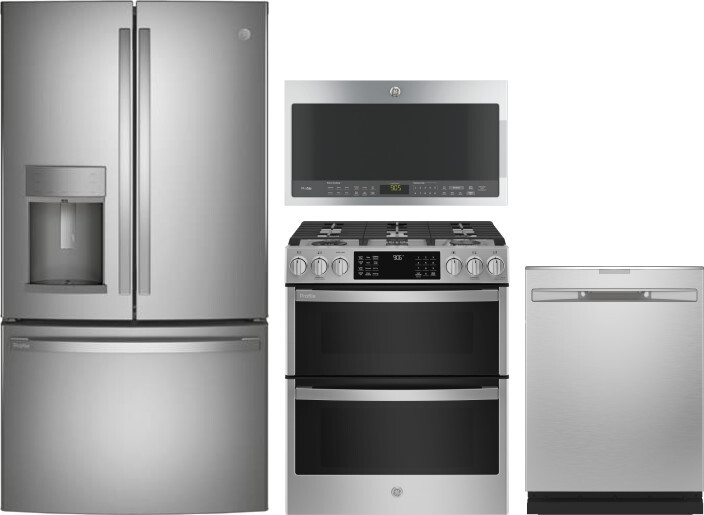 GE Profile 4 Piece Kitchen Appliances Package with French Door Refrigerator, Gas Range, Dishwasher and Over the Range Microwave in Stainless Steel GER