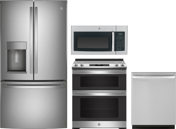 GE 4 Piece Kitchen Appliances Package with French Door Refrigerator, Electric Range, Dishwasher and Over the Range Microwave in Stainless Steel GERERA