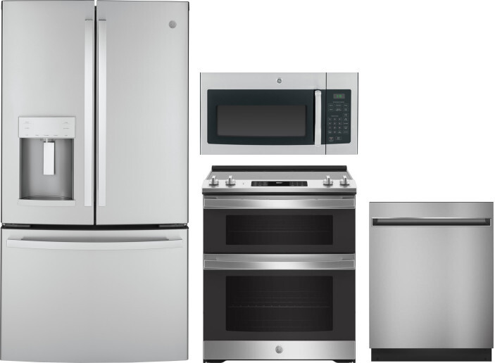 GE 4 Piece Kitchen Appliances Package with French Door Refrigerator, Electric Range, Dishwasher and Over the Range Microwave in Stainless Steel GERERA