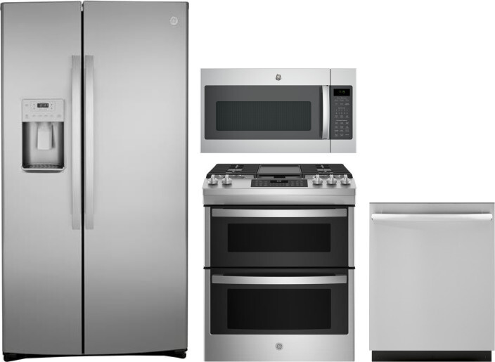 GE 4 Piece Kitchen Appliances Package with Side-by-Side Refrigerator, Gas Range, Dishwasher and Over the Range Microwave in Stainless Steel GERERADWMW