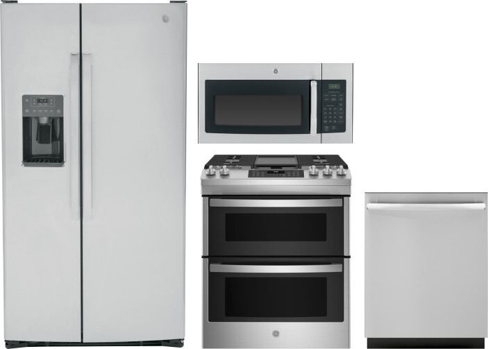 GE 4 Piece Kitchen Appliances Package with Side-by-Side Refrigerator, Gas Range, Dishwasher and Over the Range Microwave in Stainless Steel GERERADWMW