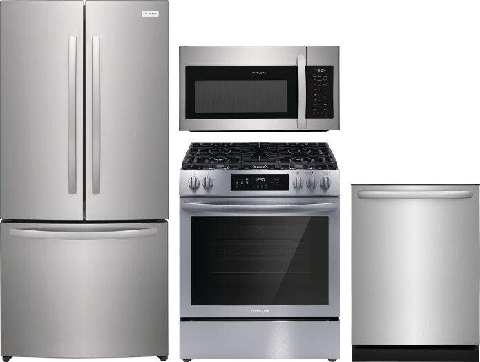 Frigidaire 4 Piece Kitchen Appliances Package with French Door Refrigerator, Gas Range, Dishwasher and Over the Range Microwave in Stainless Steel FRR