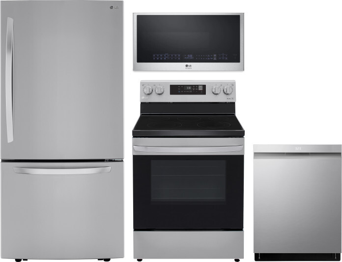 LG 4 Piece Kitchen Appliances Package with Bottom Freezer Refrigerator, Electric Range, Dishwasher and Over the Range Microwave in Stainless Steel LGR
