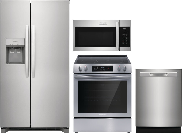 Frigidaire 4 Piece Kitchen Appliances Package with Side-by-Side Refrigerator, Electric Range, Dishwasher and Over the Range Microwave in Stainless Ste