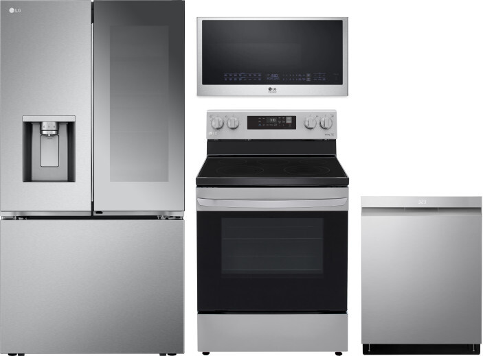 LG 4 Piece Kitchen Appliances Package with French Door Refrigerator, Electric Range, Dishwasher and Over the Range Microwave in Stainless Steel LGRERA