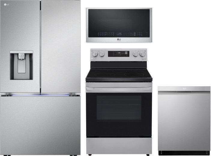 LG 4 Piece Kitchen Appliances Package with French Door Refrigerator, Electric Range, Dishwasher and Over the Range Microwave in Stainless Steel LGRERA