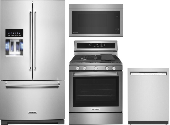 KitchenAid 4 Piece Kitchen Appliances Package with French Door Refrigerator, Gas Range, Dishwasher and Over the Range Microwave in Stainless Steel KAR