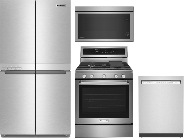 KitchenAid 4 Piece Kitchen Appliances Package with French Door Refrigerator, Gas Range, Dishwasher and Over the Range Microwave in Stainless Steel KAR