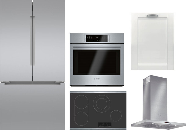 Bosch 5 Piece Kitchen Appliances Package with French Door Refrigerator and Dishwasher in Stainless Steel BORECTWORH103
