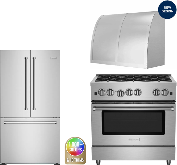 BlueStar 3 Piece Kitchen Appliances Package with French Door Refrigerator and Gas Range in Custom Colors BLRERADWRH615