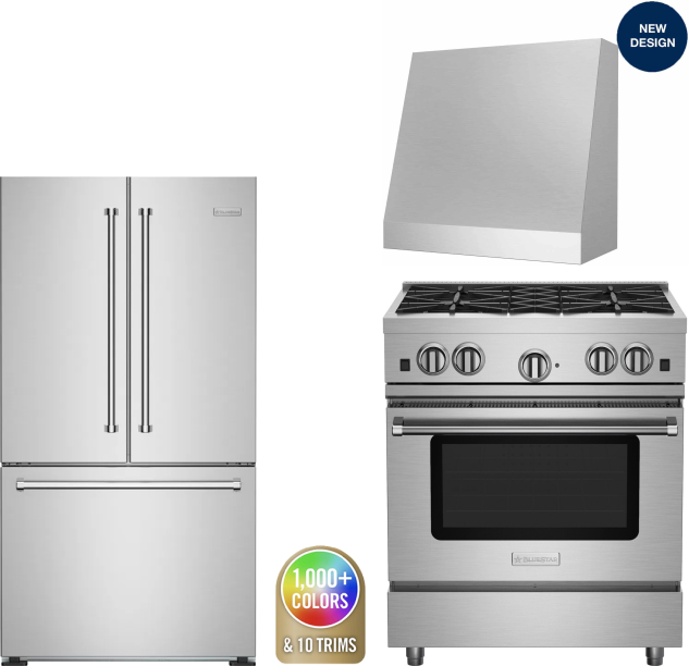 BlueStar 3 Piece Kitchen Appliances Package with French Door Refrigerator and Gas Range in Custom Colors BLRERADWRH617