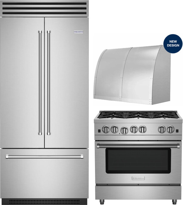 BlueStar 3 Piece Kitchen Appliances Package with French Door Refrigerator and Gas Range in Stainless Steel BLRERADWRH619
