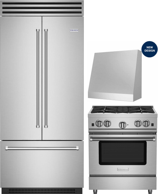 BlueStar 3 Piece Kitchen Appliances Package with French Door Refrigerator and Gas Range in Stainless Steel BLRERADWRH620