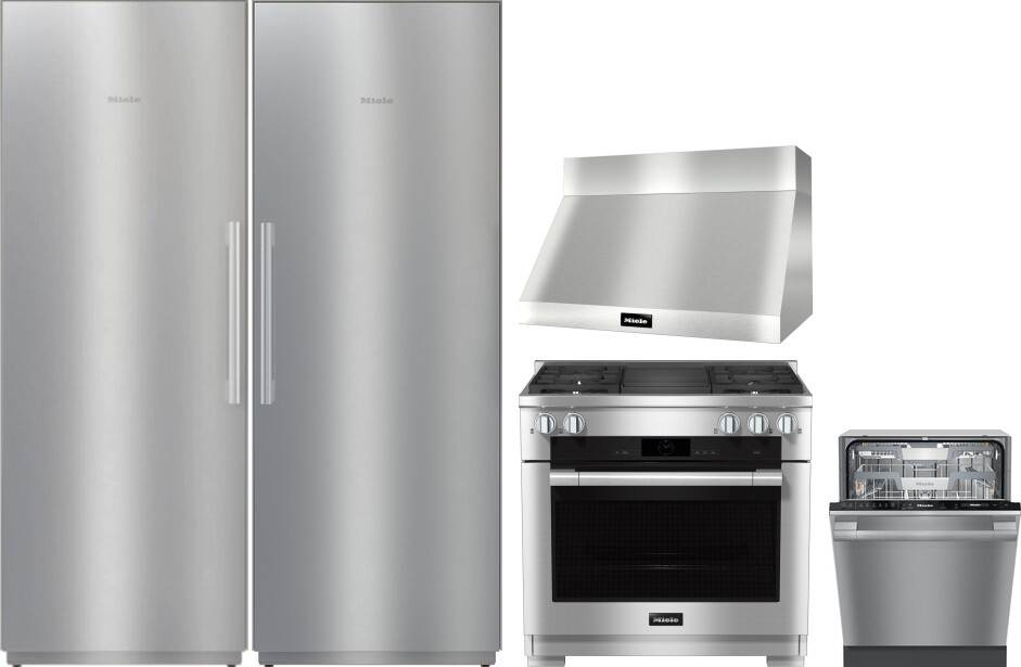 5 Piece Kitchen Appliances Package with Column Refrigerator, Dual Fuel Range and Dishwasher in Stainless Steel - Miele MIREFRRADWRH102