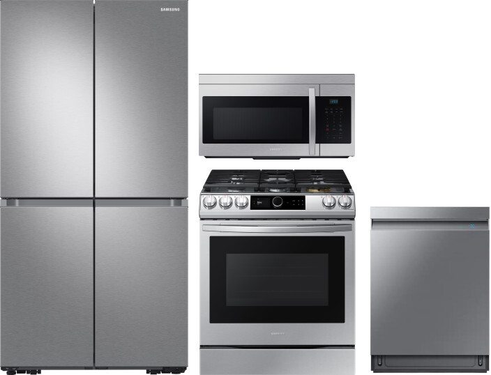 Samsung 4 Piece Kitchen Appliances Package with French Door Refrigerator, Gas Range, Dishwasher and Over the Range Microwave in Stainless Steel SARERA