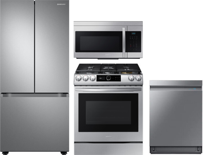 Samsung 4 Piece Kitchen Appliances Package with French Door Refrigerator, Gas Range, Dishwasher and Over the Range Microwave in Stainless Steel SARERA