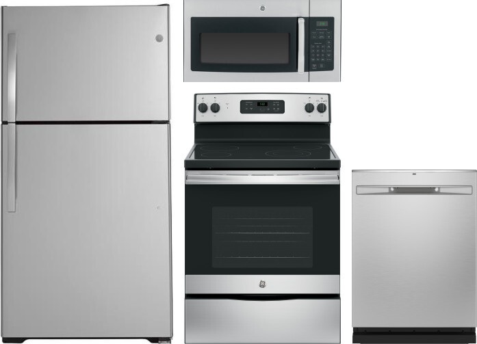 GE 4 Piece Kitchen Appliances Package with Top Freezer Refrigerator, Electric Range, Dishwasher and Over the Range Microwave in Stainless Steel GERERA -  GTE16DTNRWW