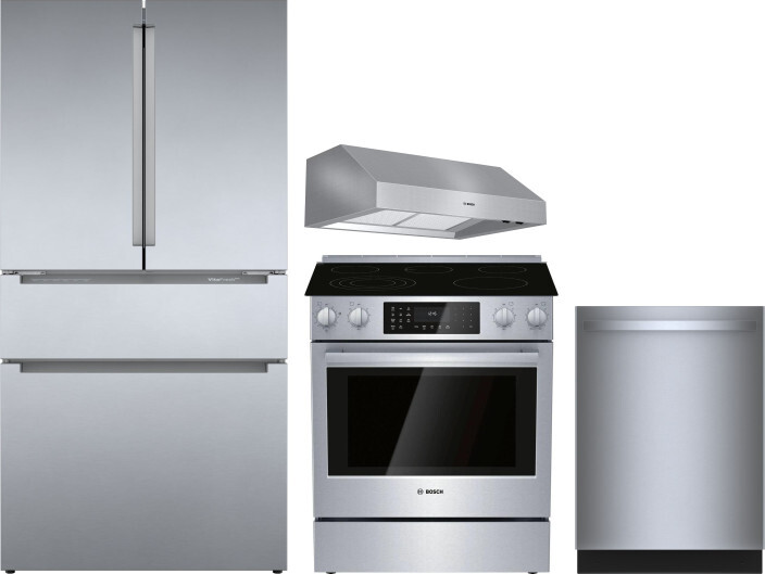 Bosch 4 Piece Kitchen Appliances Package with French Door Refrigerator, Electric Range and Dishwasher in Stainless Steel BORERADWRH637