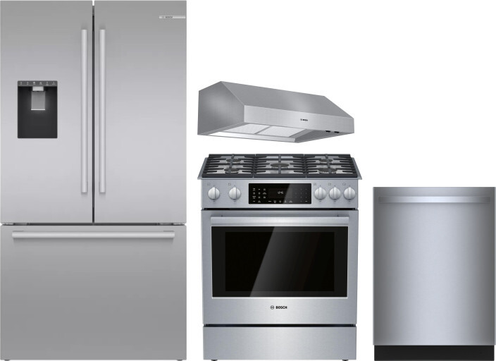 Bosch 4 Piece Kitchen Appliances Package with French Door Refrigerator, Dual Fuel Range and Dishwasher in Stainless Steel BORERADWRH638